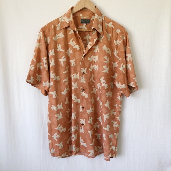 Vintage Other - Vintage Mens HUNT CLUB Orange Cream Bird Button Up Cotton Rayon Shirt Size L